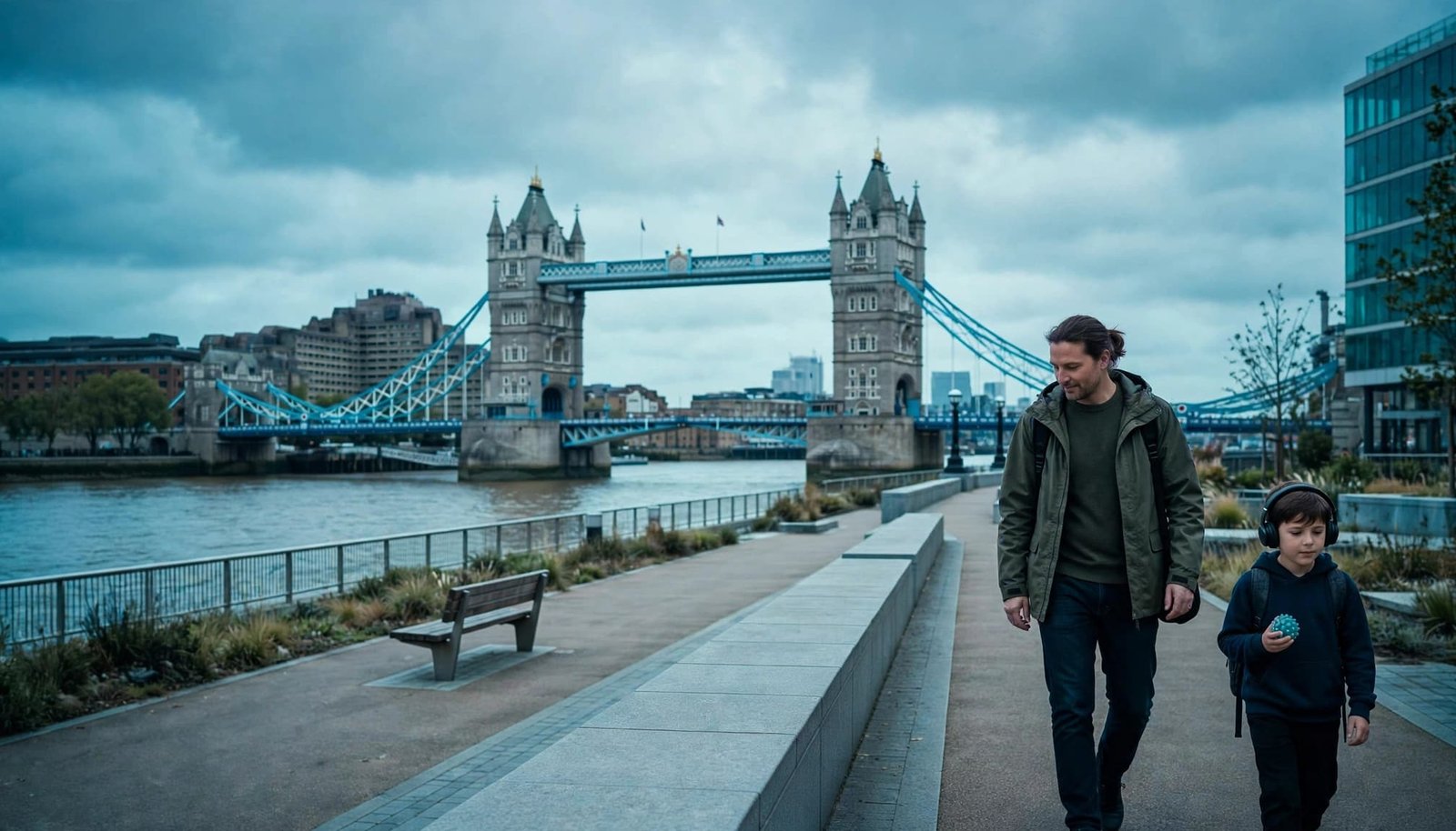 A parent and child walk beside the Thames with Tower Bridge behind them.