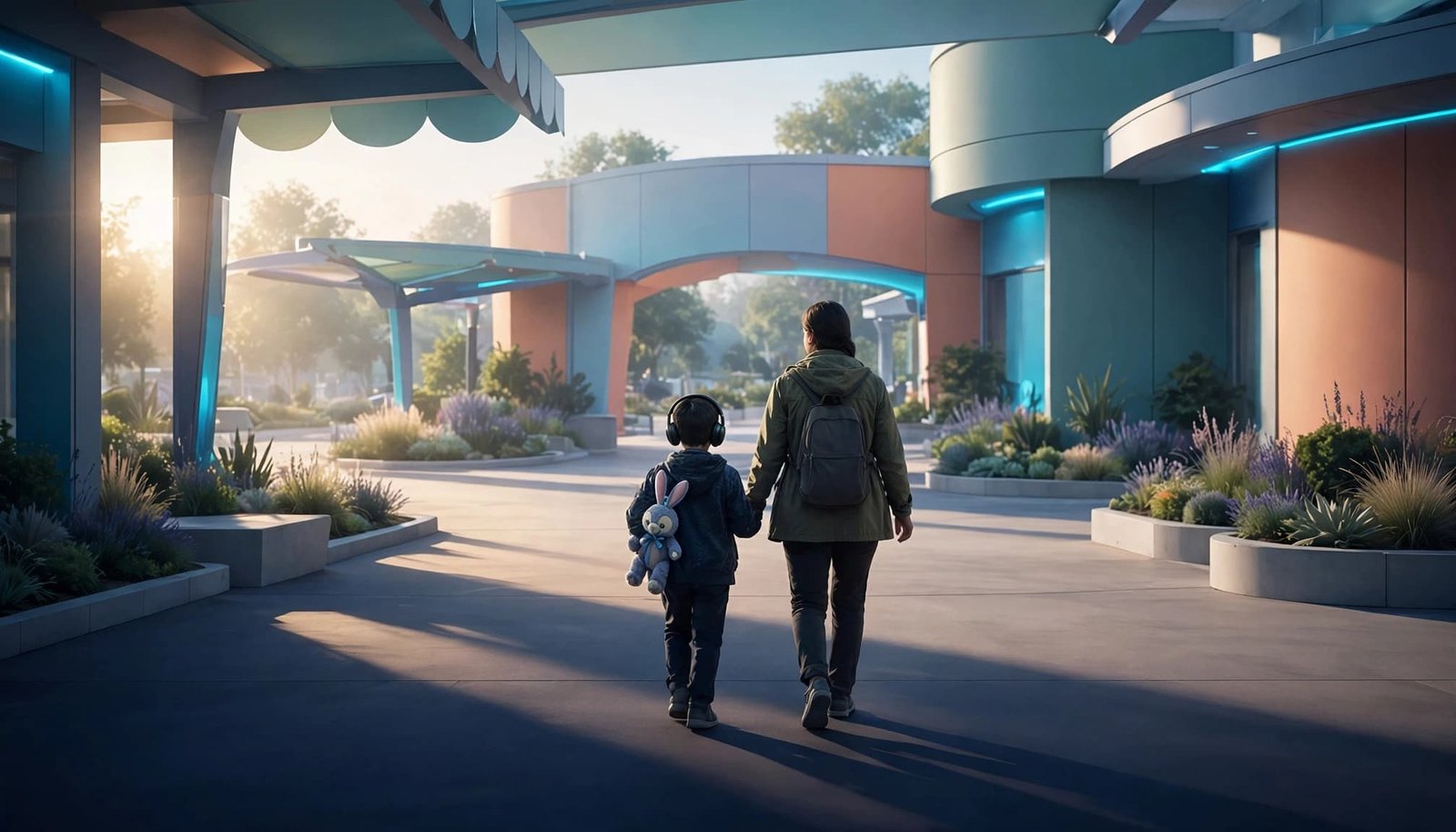 A child with headphones walks beside an adult through an open park entrance.