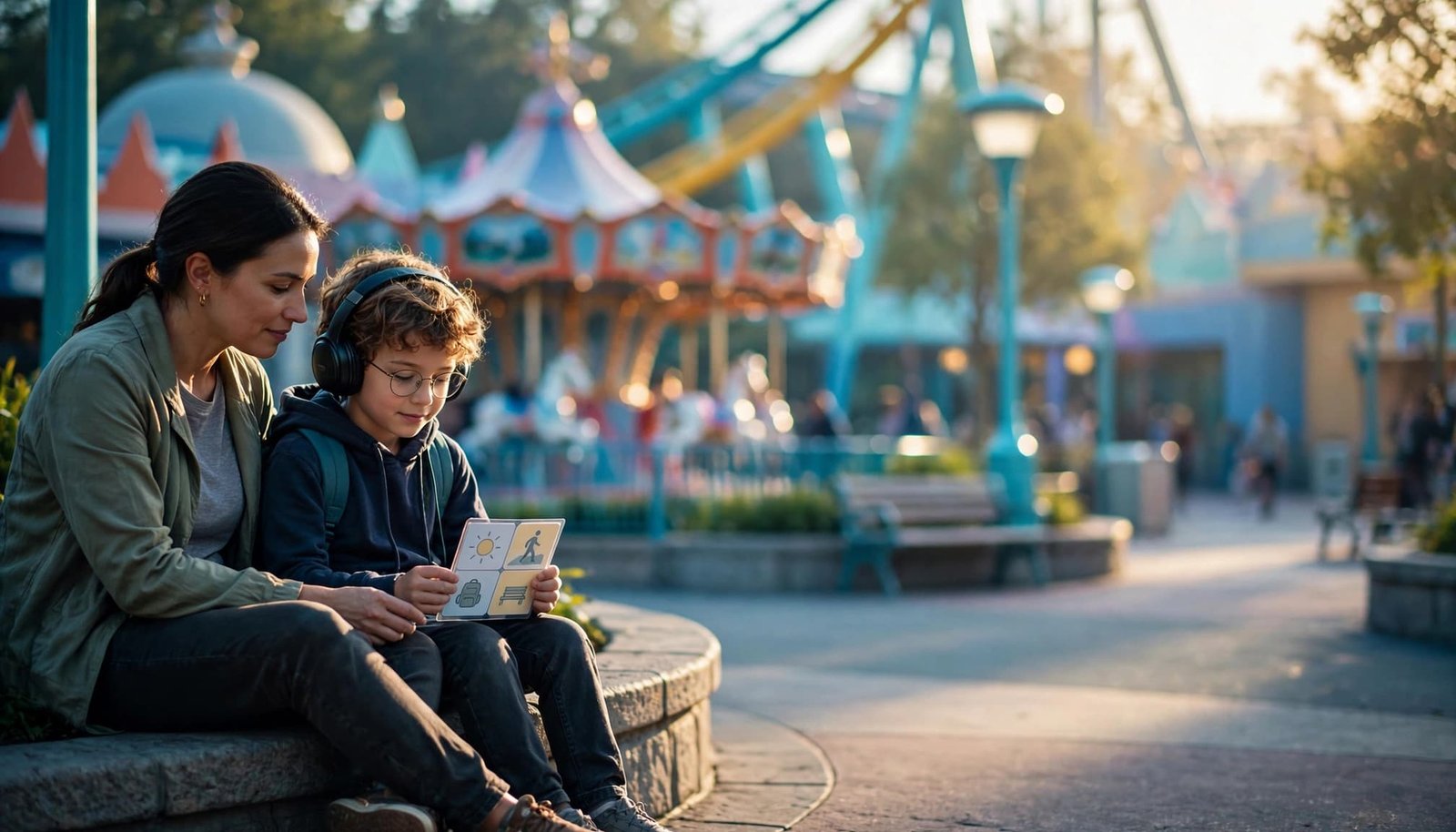 A parent and child review a visual schedule beside a colorful theme park walkway.