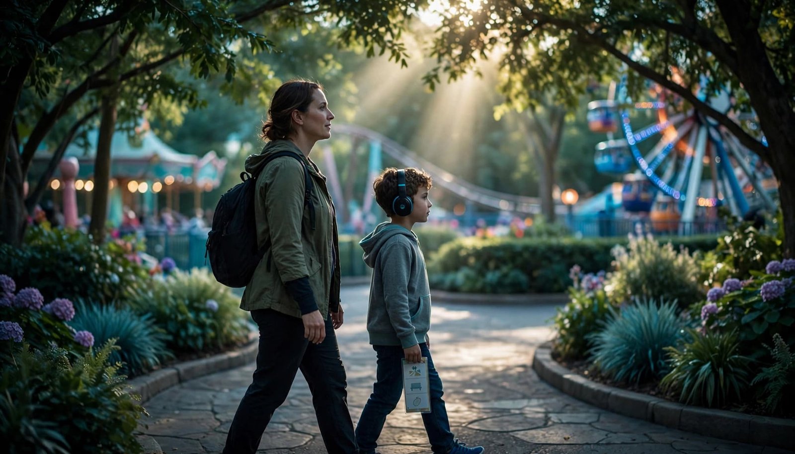 A parent and autistic child walk on a shaded park path with a visual schedule card.