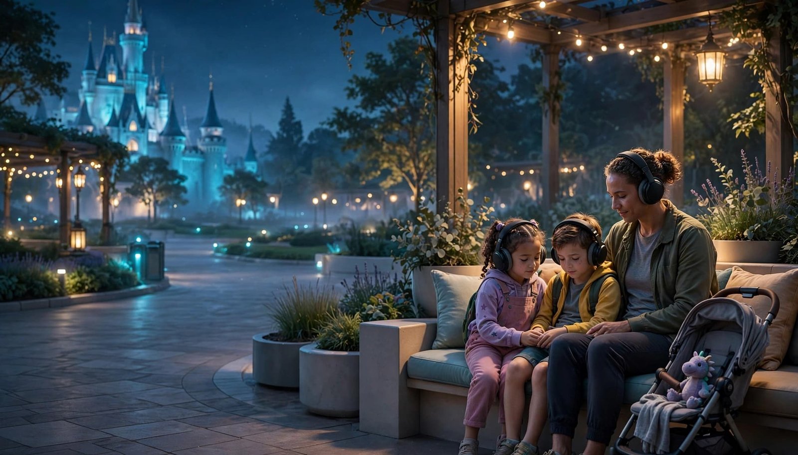 Disney World After Hours for Sensory-Sensitive Families A parent and two children wear headphones beside a stroller near a glowing castle.