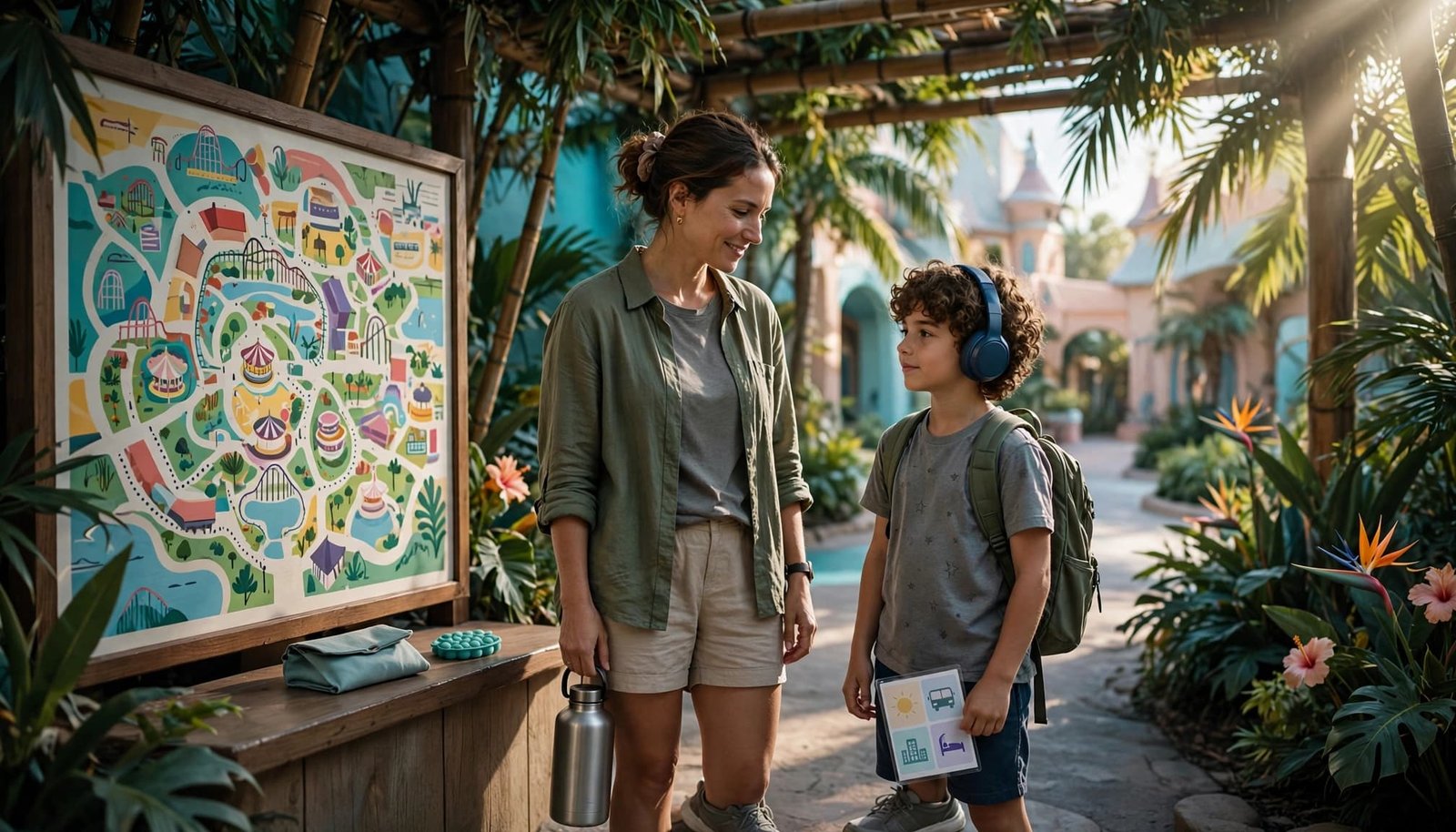 Disney Autism Planning Worksheets for Calmer Park Days Parent and autistic child planning a theme park visit beside a colorful map.