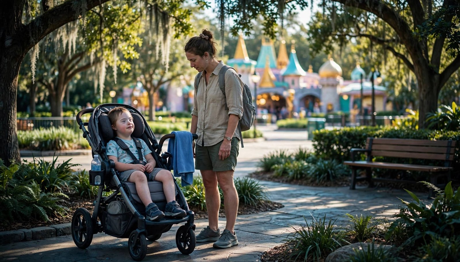 A child in a stroller rests with a parent near a shaded park walkway.