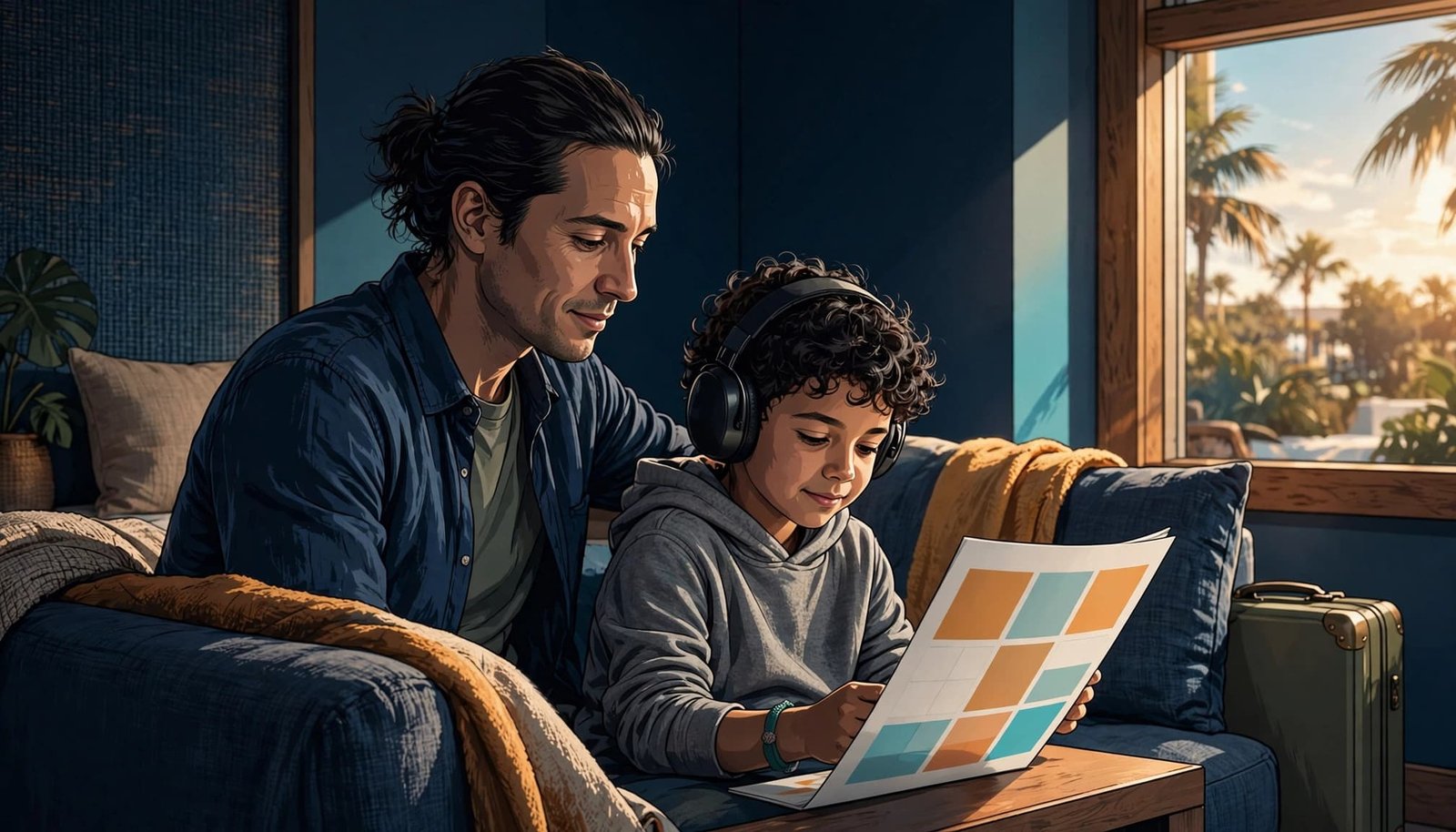 How to Choose Disney World Dates for Autism-Friendly Travel A parent and child review a colored vacation calendar in a softly lit resort room.