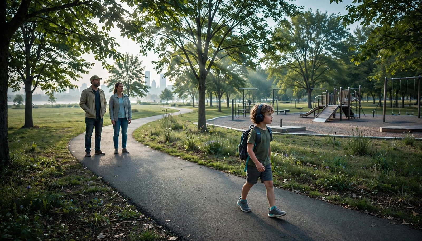 Autism-Friendly Chicago Travel Guide for Families Parents watch their child move along a quiet park path beside a playground.