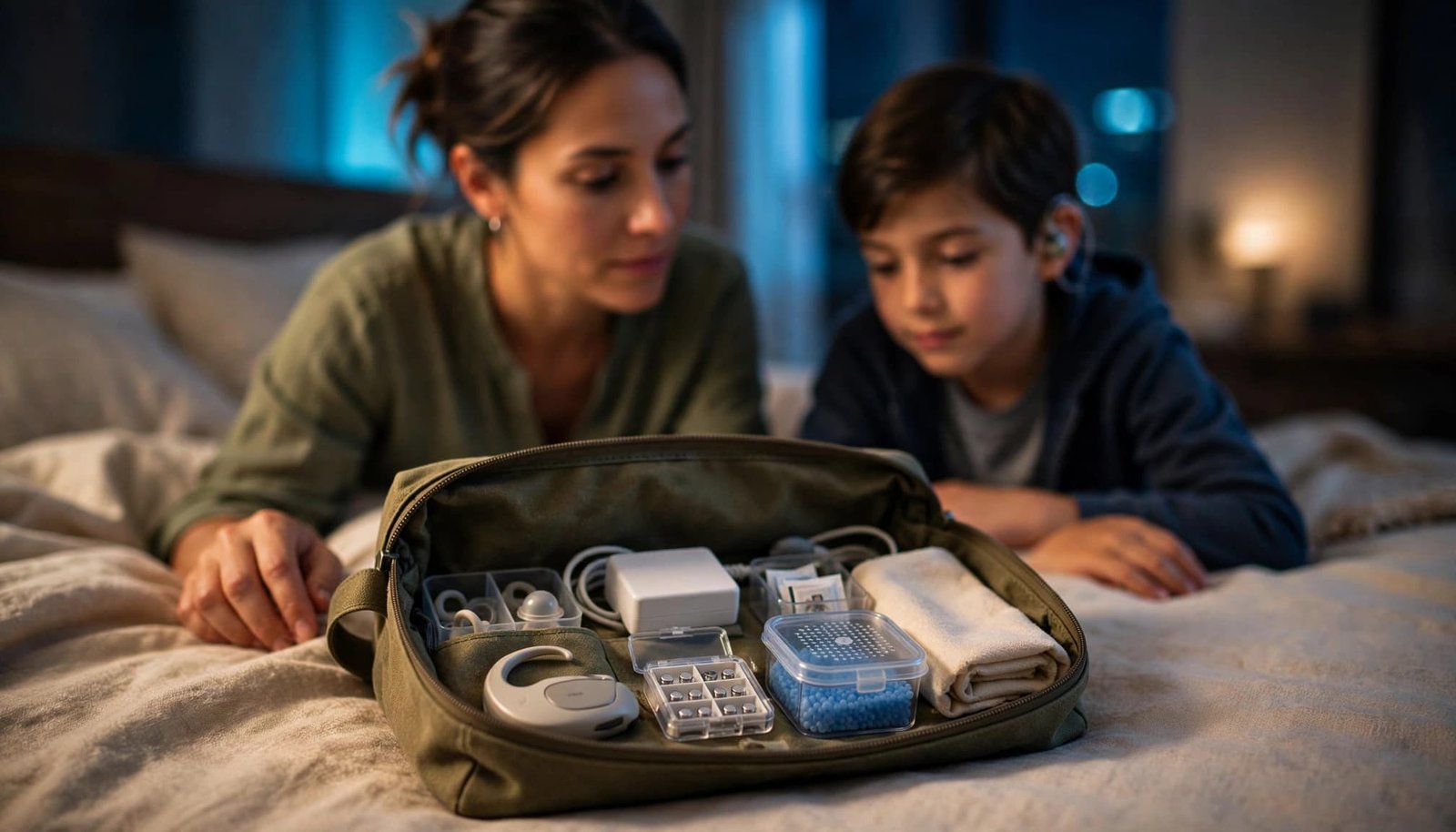 Family Travel With a Cochlear Implant: What to Pack and Plan A parent packs cochlear implant supplies while a child sits nearby.
