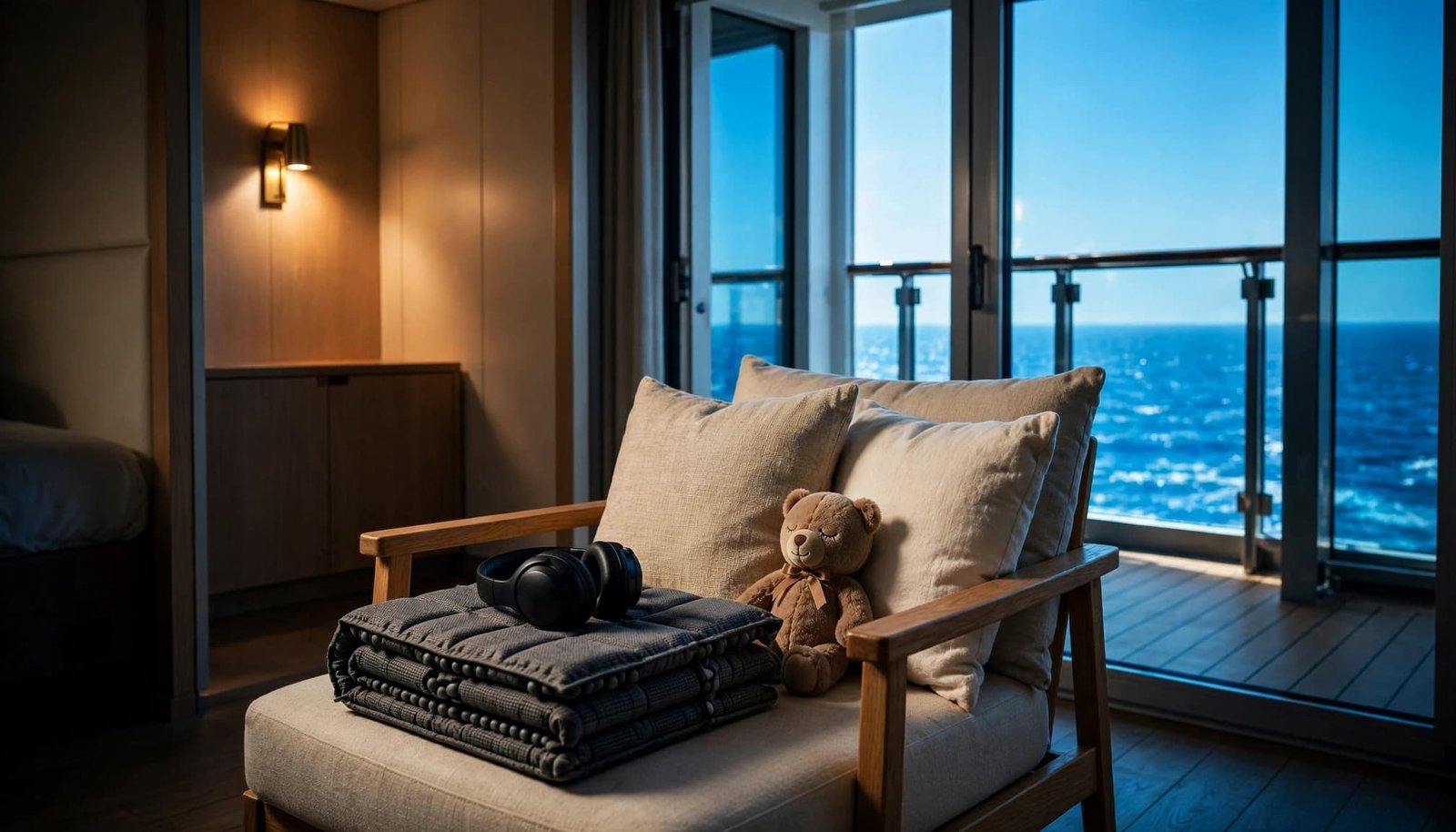Comfort items arranged on a chair beside a cruise cabin balcony overlooking the ocean.