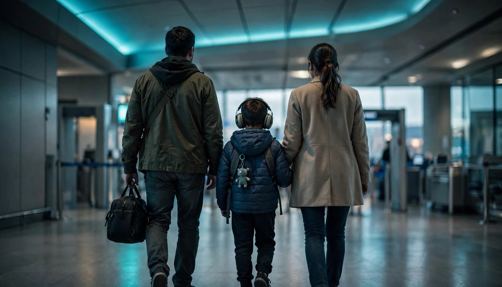 TSA Cares Autism Support: A Calmer Airport Security Plan Two parents and a child with headphones wait near airport security.