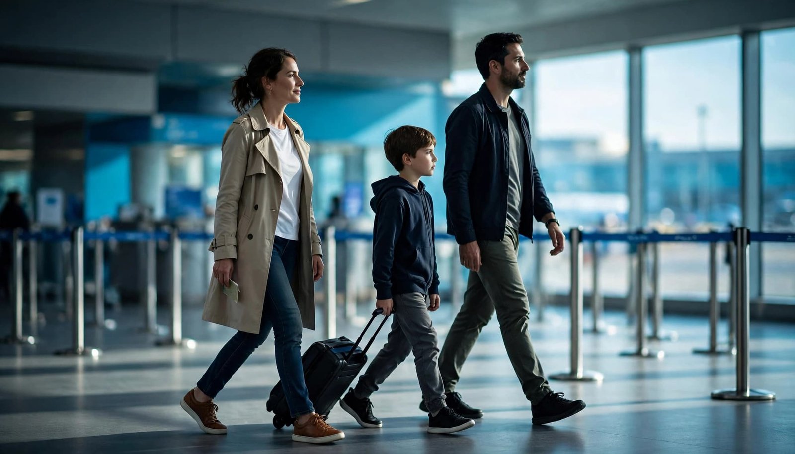 Two adults and a child walk together through an airport with a rolling suitcase.