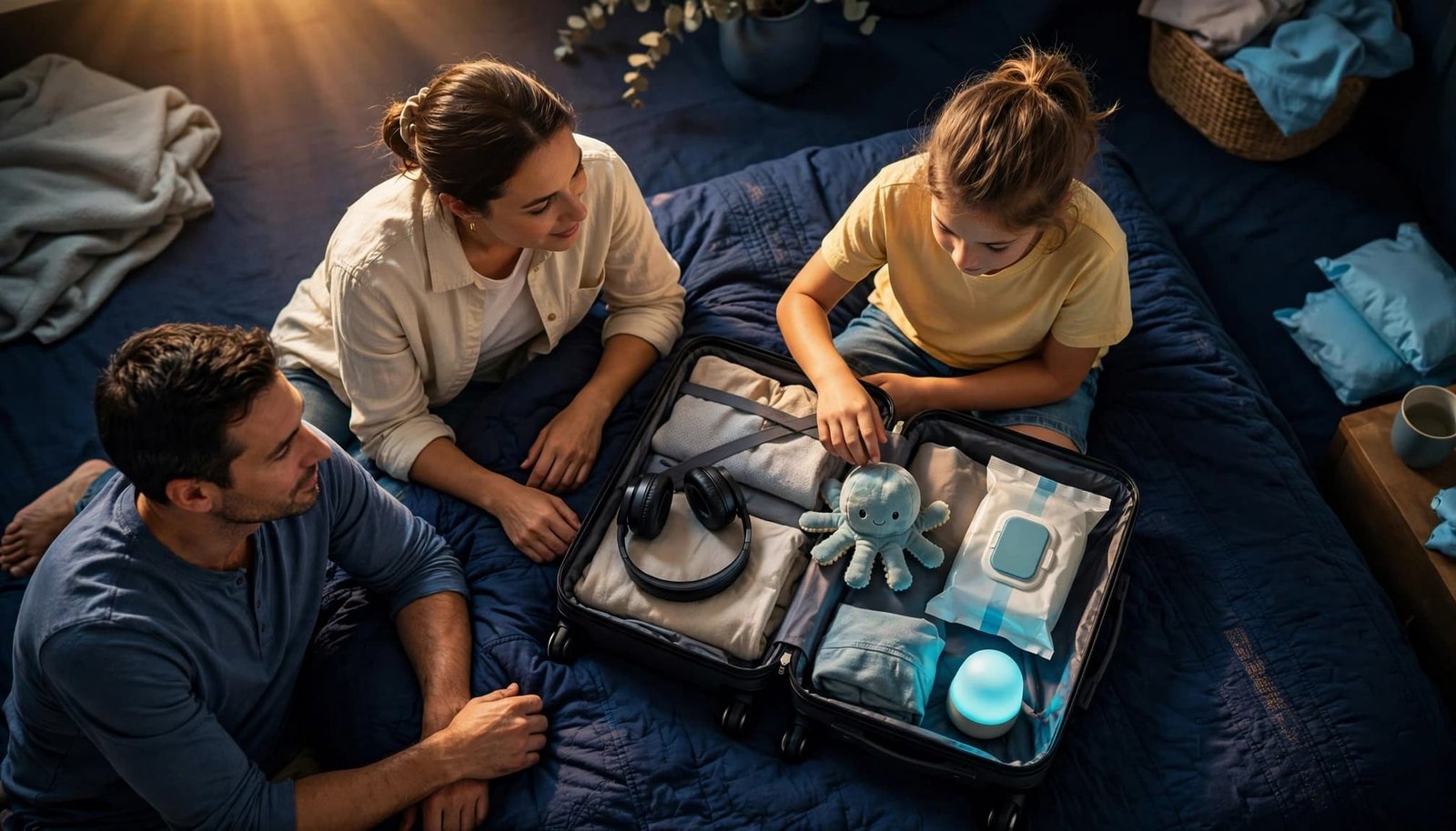 A child chooses a comfort item from a suitcase while two adults sit nearby.
