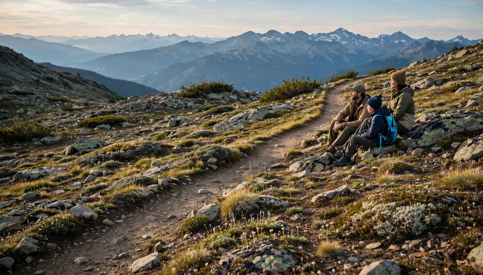 Two adults and a child pause on a mountain trail overlooking blue peaks.