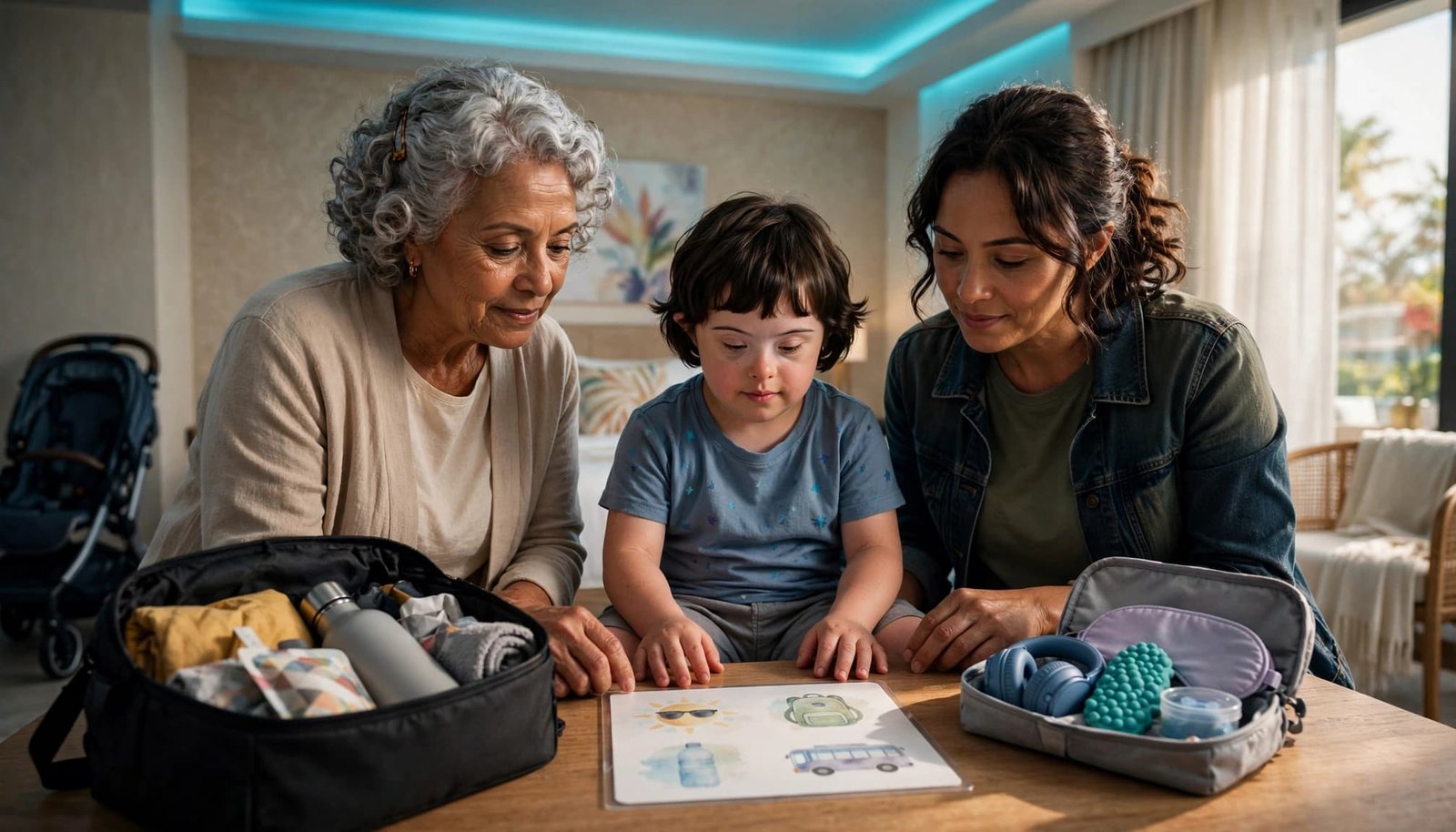 A family prepares a park day with a visual schedule and sensory kit in a resort room.