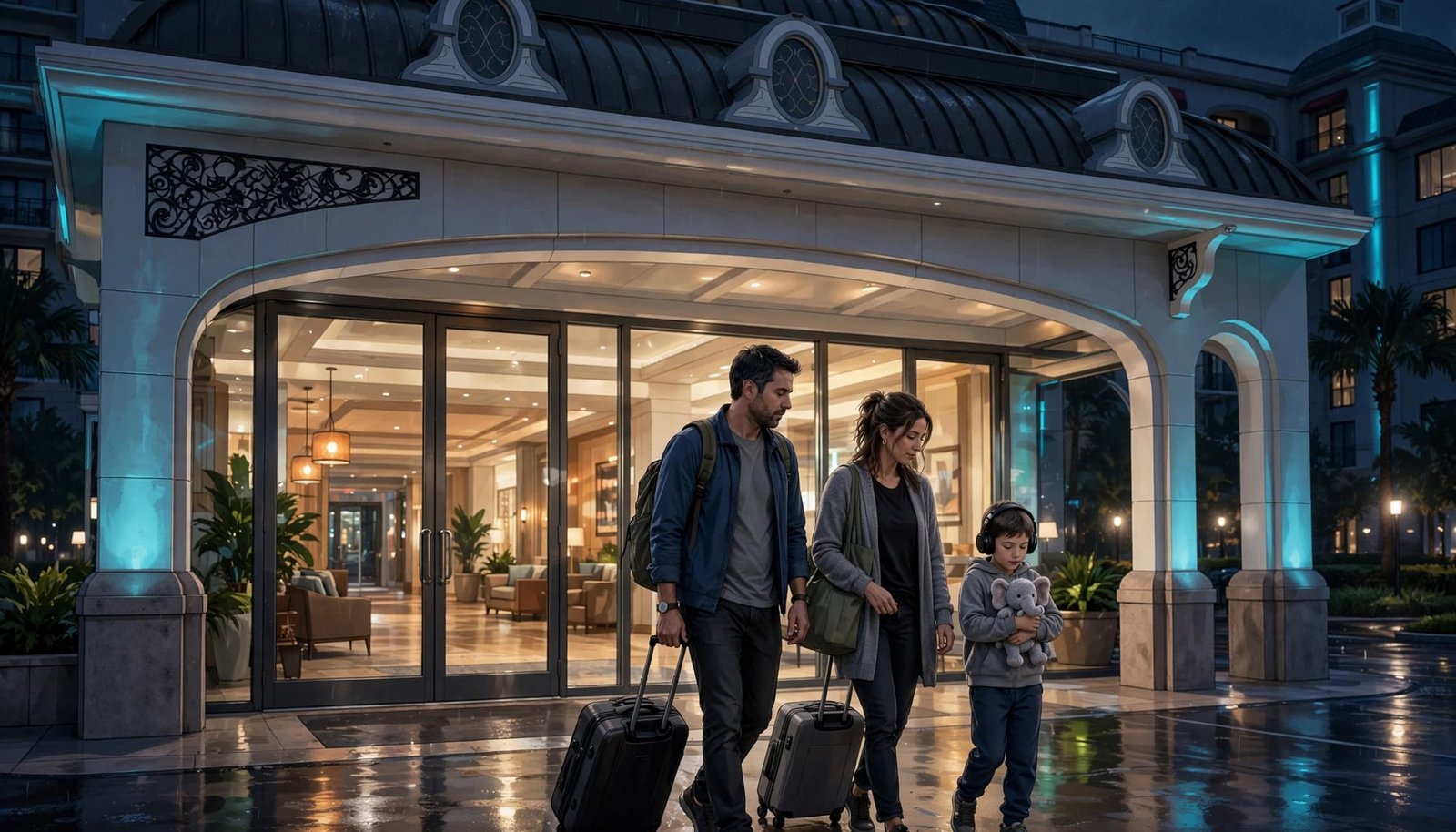Disney World Autism Planning for a Late-Night Arrival Two parents and their child arrive at a resort with luggage; the child wears headphones and holds a comfort item.