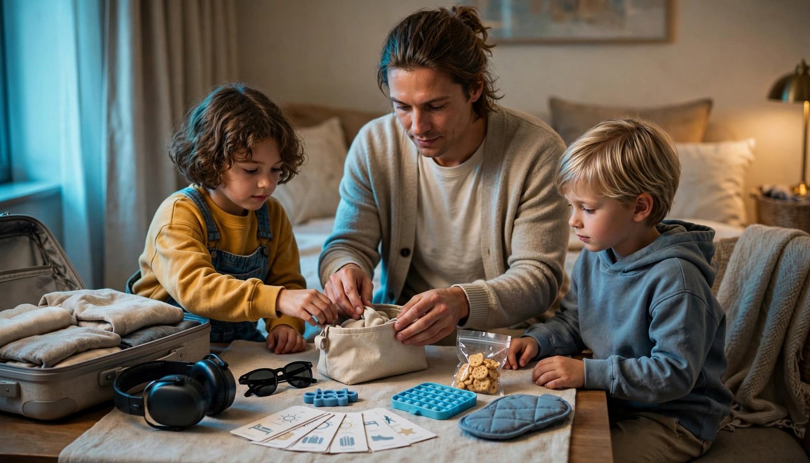 Traveling With Sensory Processing Disorder: A Family Vacation Guide A parent and two children arrange sensory comfort items beside an open suitcase.