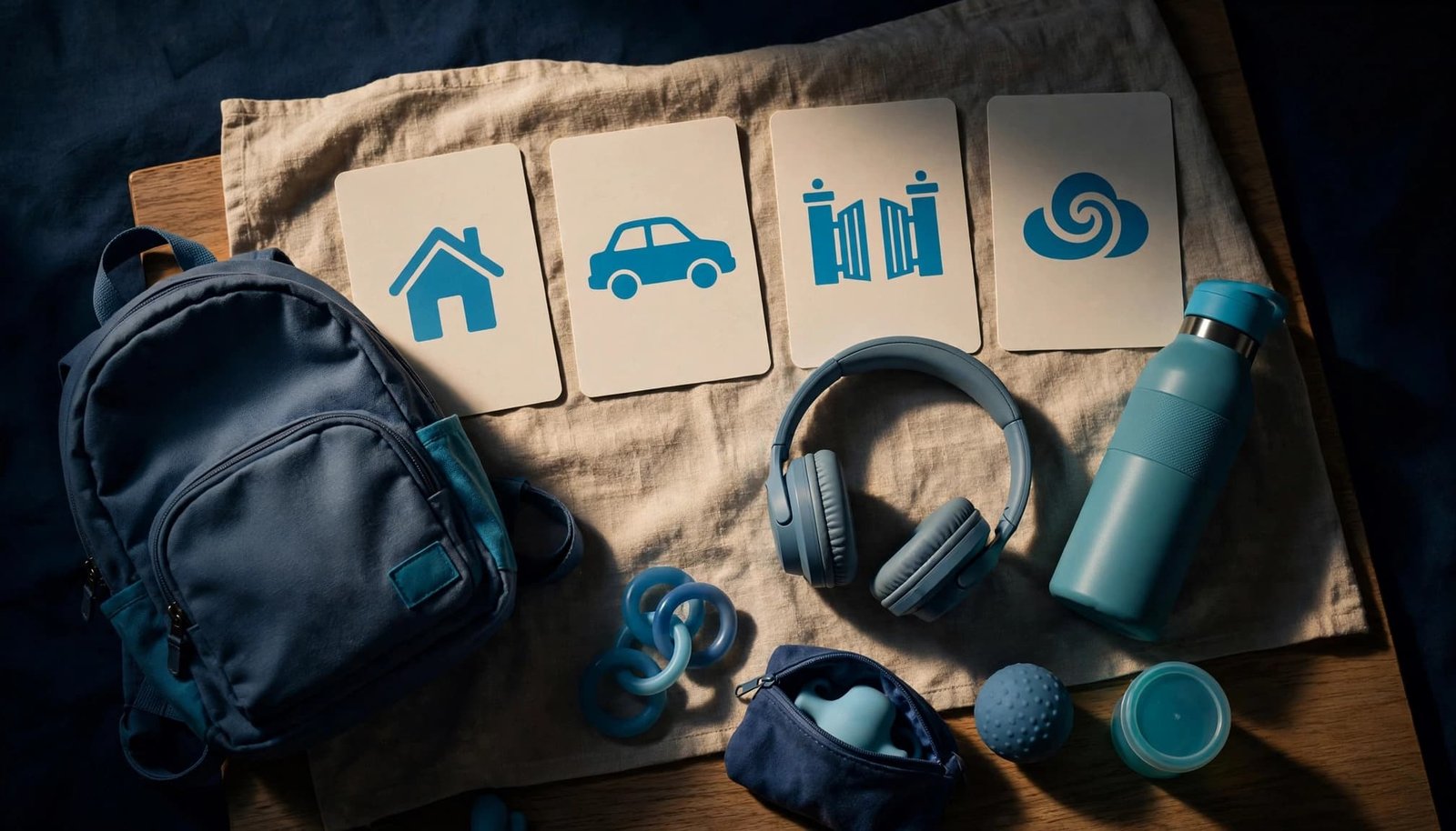 A child's backpack, picture cards, headphones, and water bottle sit on a table.