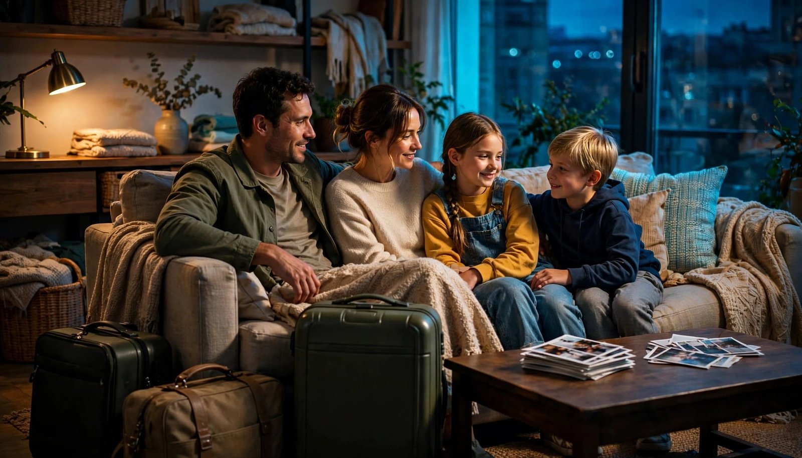 A Calm Family Trip Debrief That Everyone Can Handle A family of four relaxes together near suitcases and photographs in a warmly lit living room.