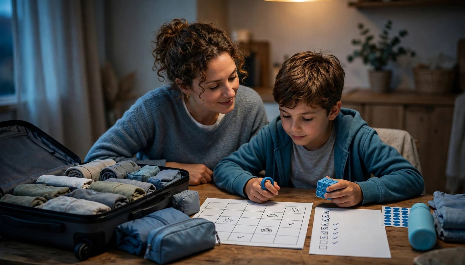 A parent and child organize vacation items beside an open suitcase.
