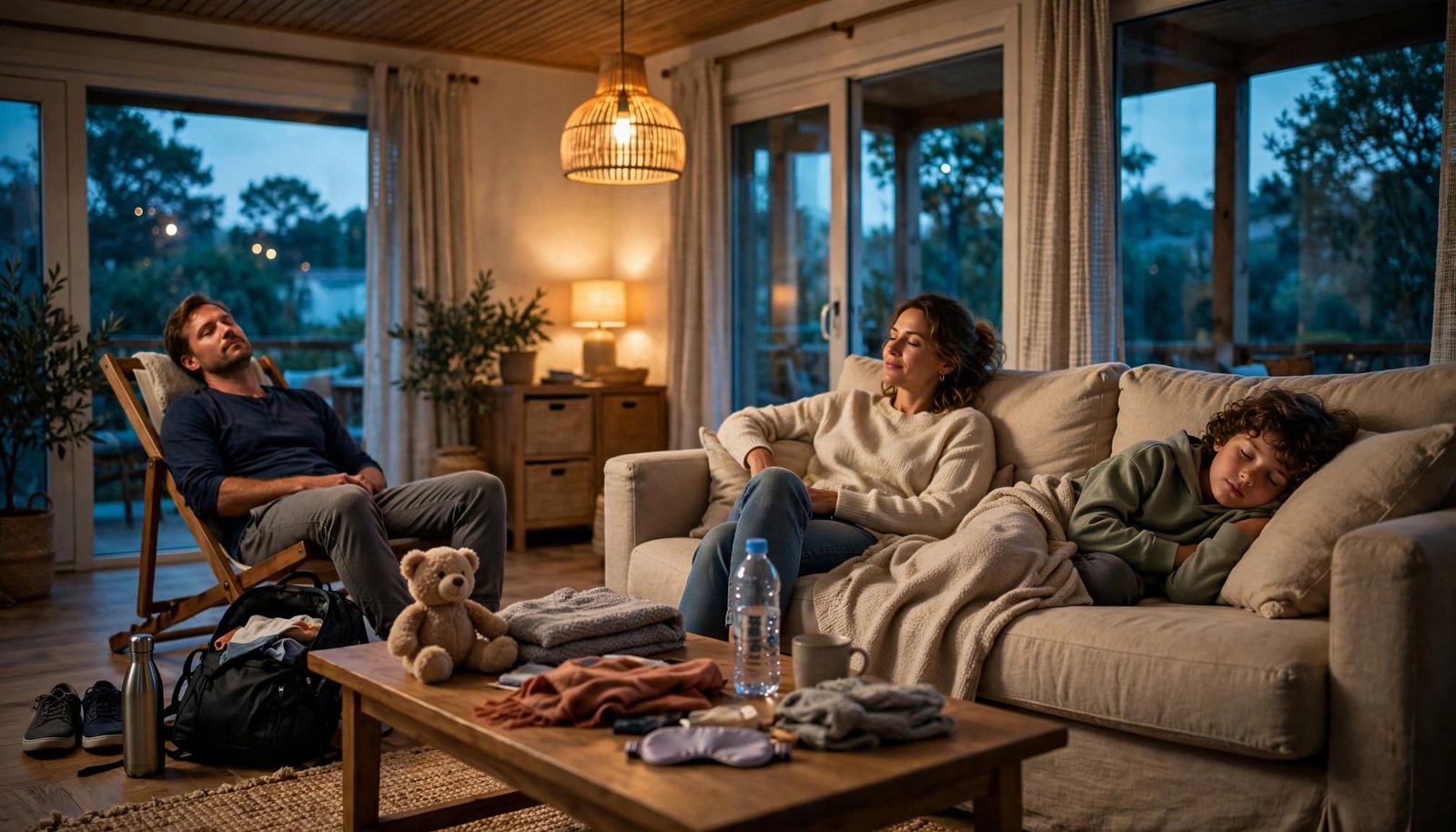 Parents and child relax on a sofa with shoes and water bottles nearby.