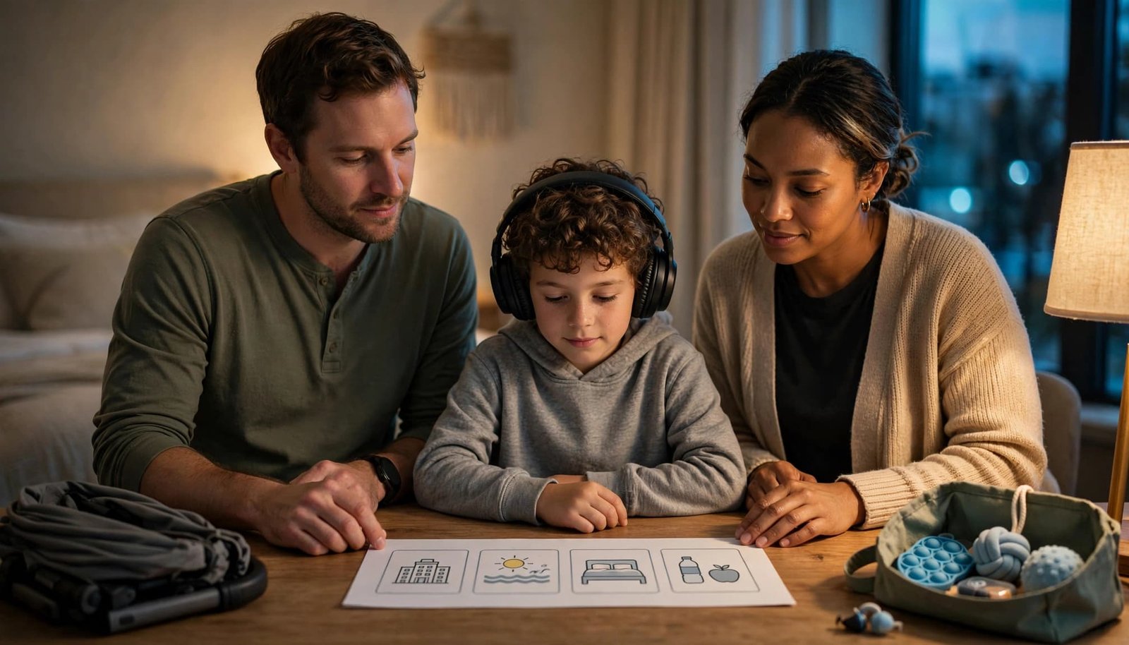 A family reviews a visual vacation schedule beside a stroller and sensory bag.