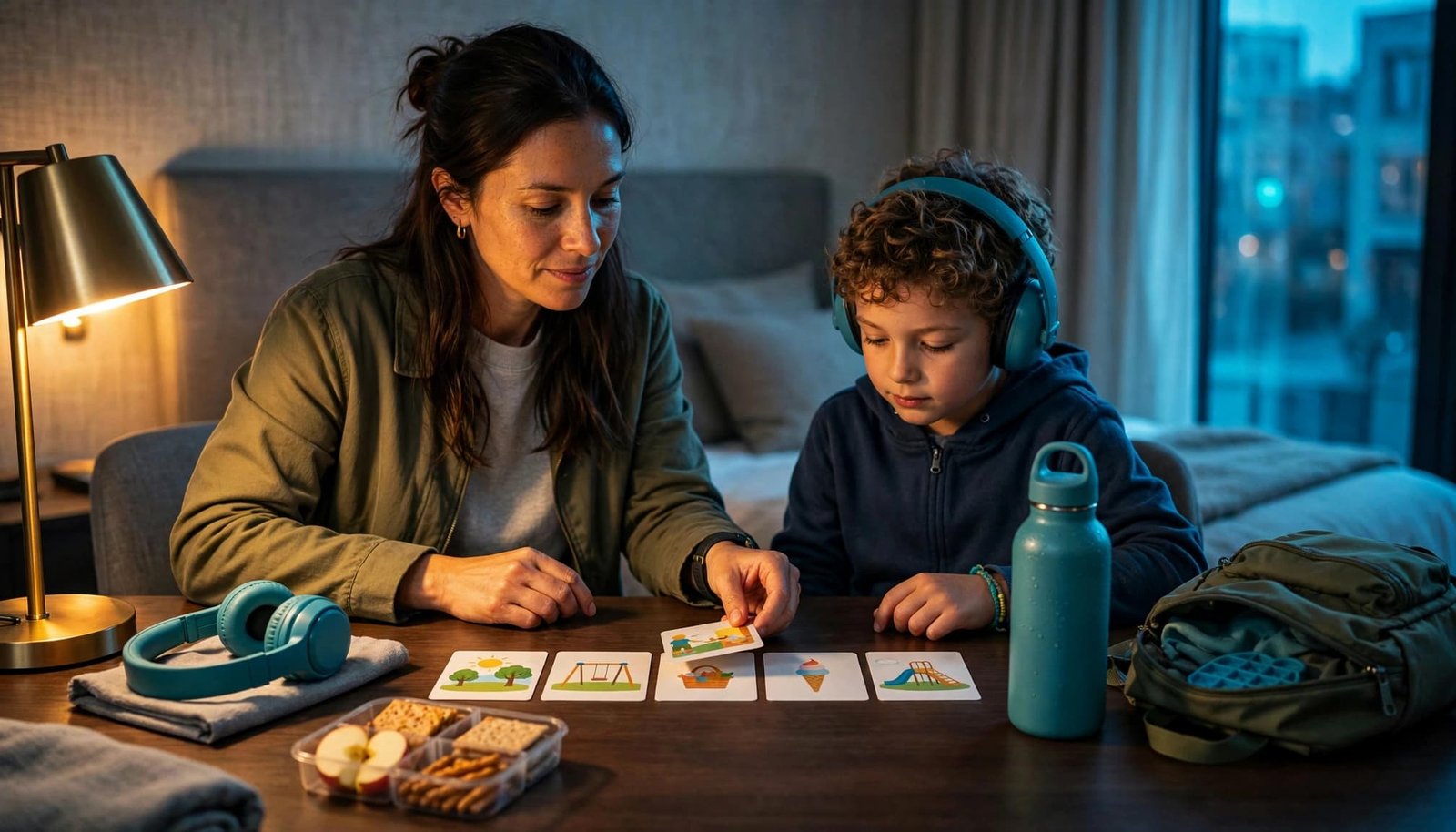 Disney Autism Planning: Backup Plans for Park Days A parent and child arrange picture cards and travel comfort items at a hotel table.