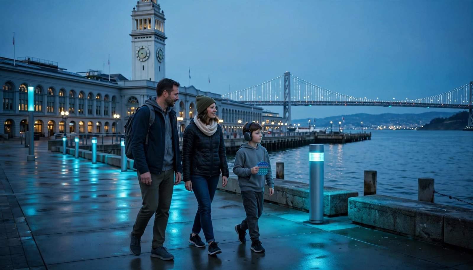 Autism-Friendly San Francisco Family Vacation Guide Two adults and a child walk by the San Francisco waterfront with headphones and a fidget toy.