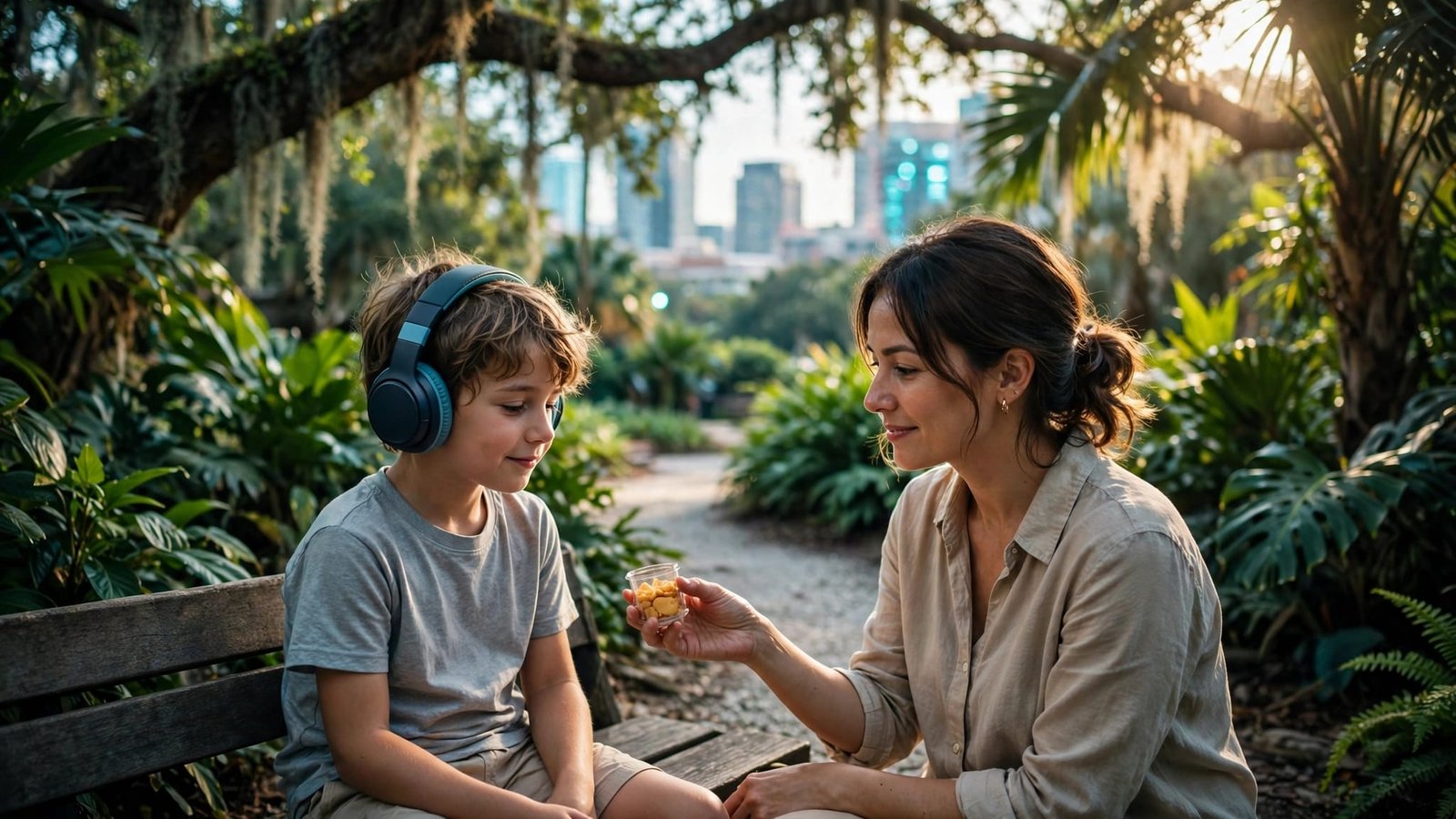 Autism-Friendly Orlando: A Family Guide Beyond the Theme Parks A child in headphones sits with his mother on a shaded garden bench.