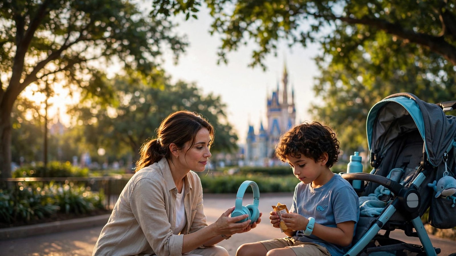 Disney With Autism Kids: Plan a Low-Walking Park Day A mother offers her child headphones and a snack beside a stroller near Cinderella Castle.