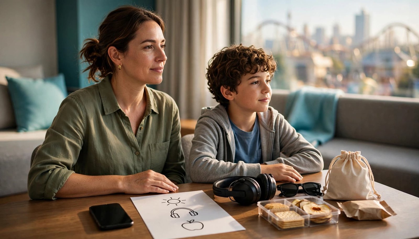 Epic Universe Autism Planning for Your First Family Visit A caregiver and child organize sensory items and snacks at a hotel table.