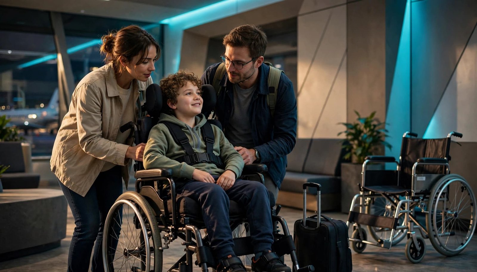 A child in a wheelchair receives airport assistance beside two parents and a carry-on bag.
