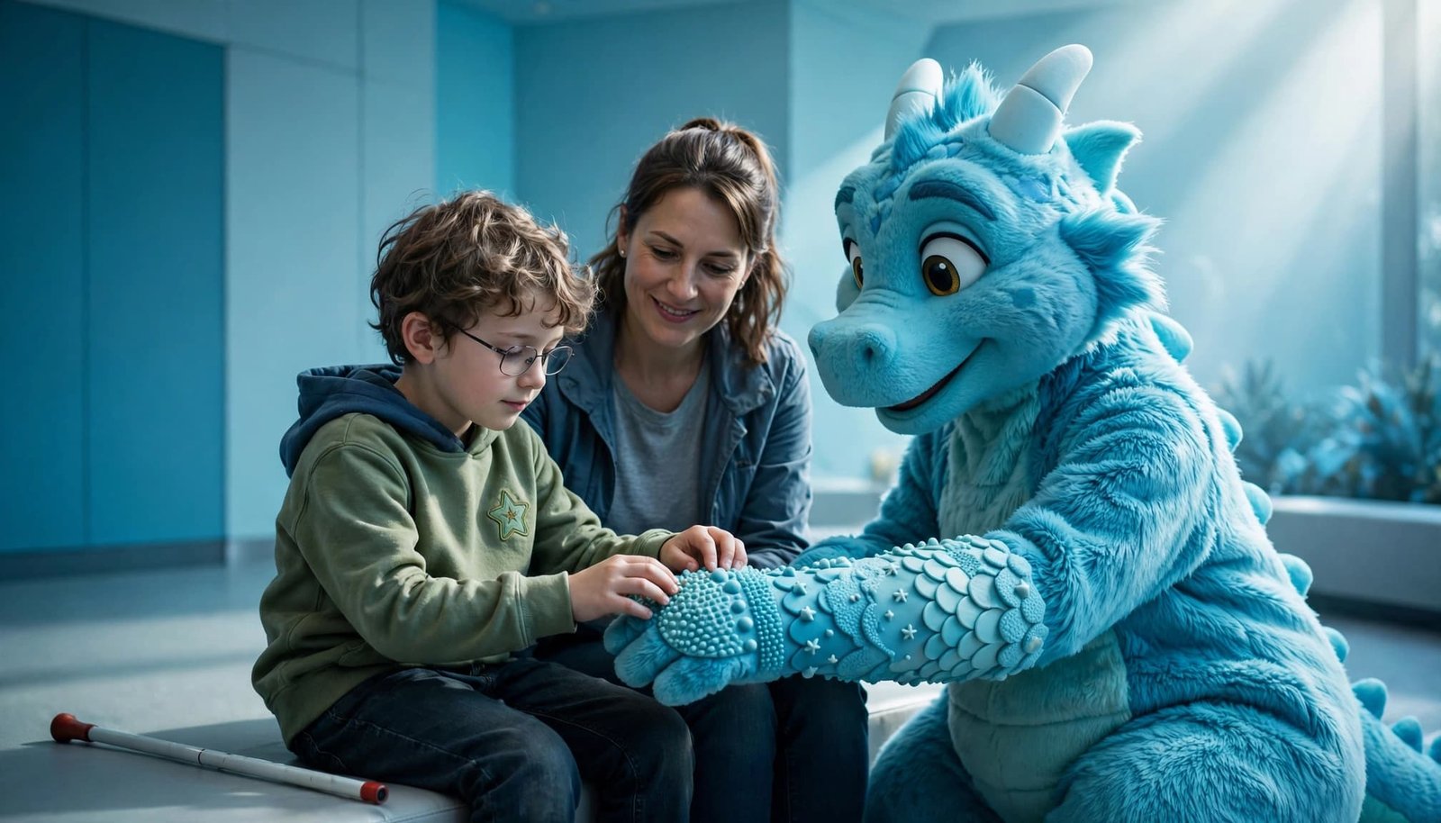 Disney Low Vision Planning for Autistic Kids A child explores a character's textured accessory while a parent stands nearby and a mobility aid rests on the floor.