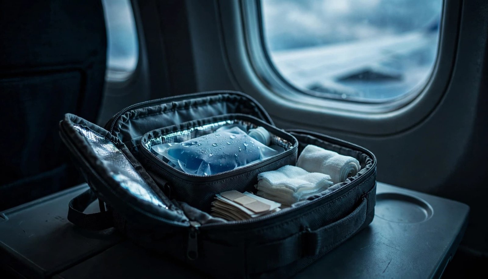 Travel With Prescription Medication Across Borders Insulin cooler and covered medical supplies beside an airplane window.
