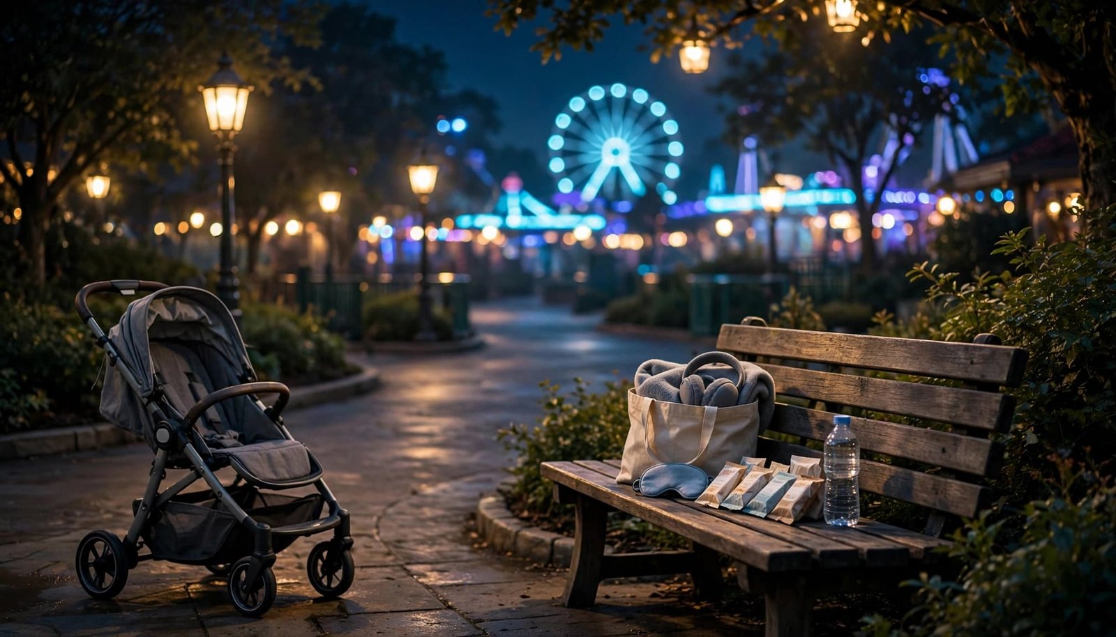 Disney World After Hours for Sensory-Sensitive Families An empty stroller and comfort supplies rest on a bench at a lit theme park.