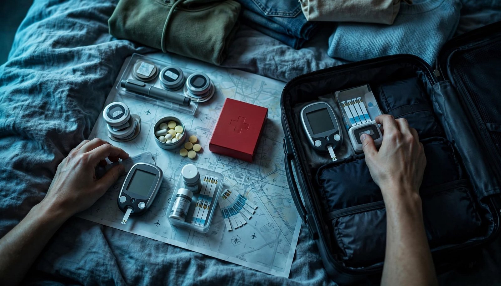 Traveling With Type 1 Diabetes: A Family Vacation Guide Hands organize diabetes supplies beside an open carry-on bag on a bed.