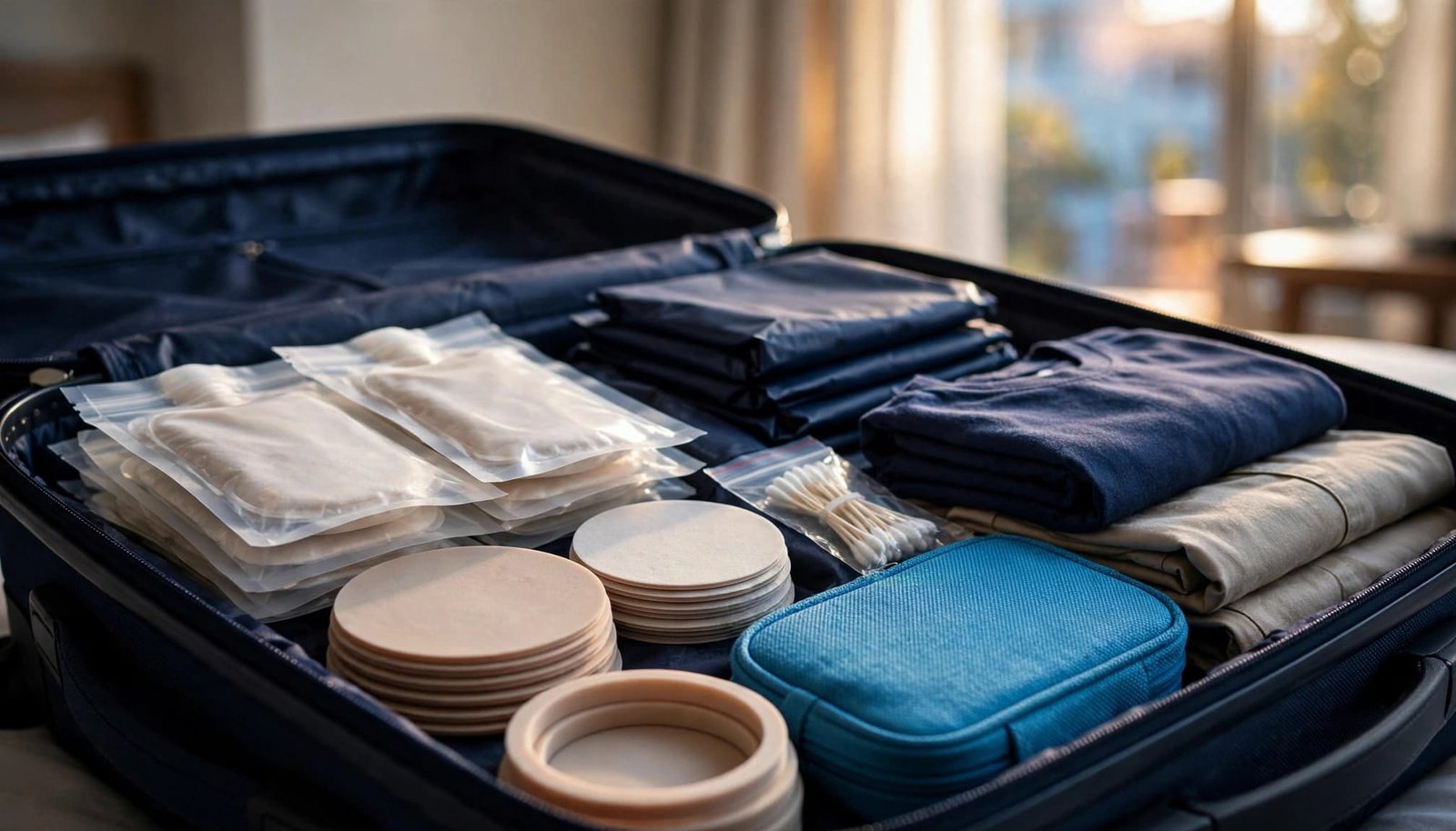 Ostomy supplies and spare clothing arranged neatly inside an open suitcase.