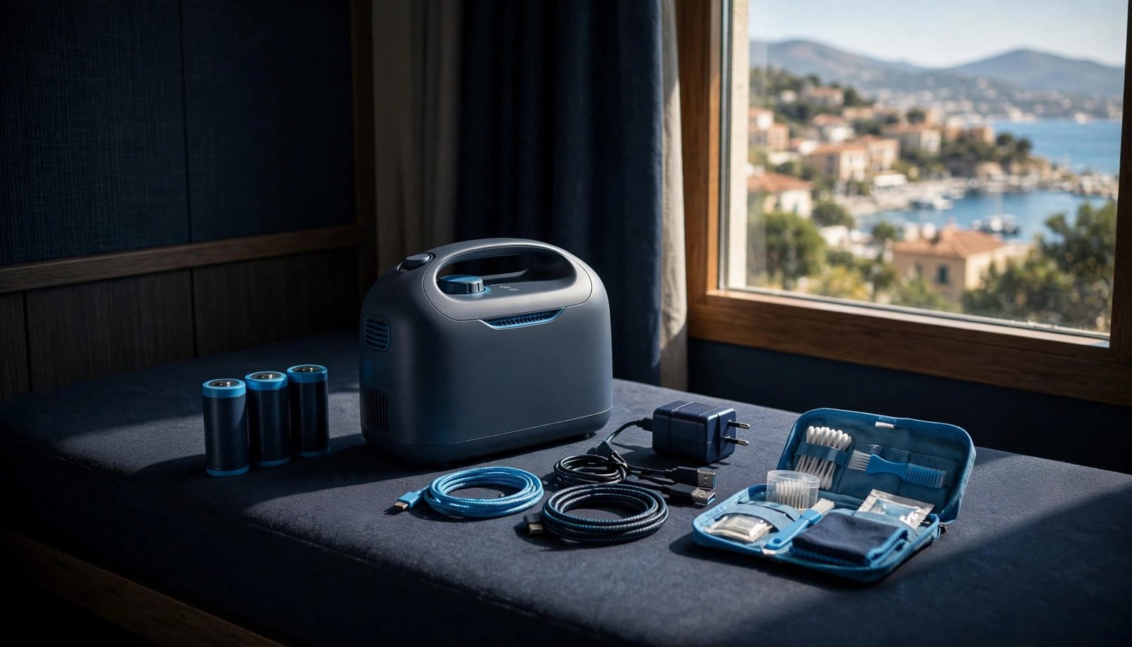 An oxygen concentrator and neatly arranged charging supplies sit on a hotel bench.