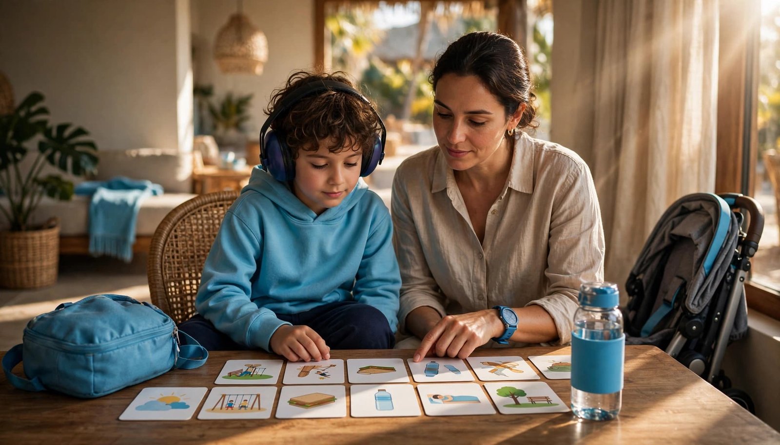 Disney Autism Guide: Build a Child-Led Park Day A child and parent review picture cards beside travel items.
