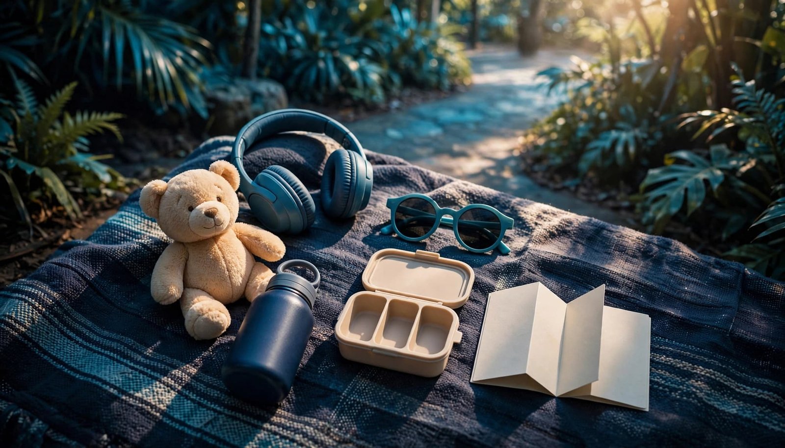 Disney Autism Guide: Plan a Calm Park Exit With Kids Headphones, sunglasses, a soft toy, snacks, and a visual schedule rest on a picnic blanket.