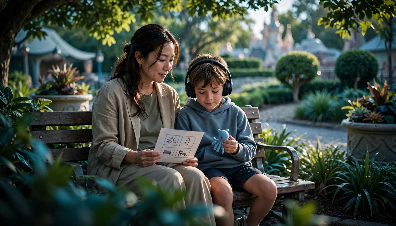 Disney Autism Kids: Plan Breaks Before Overload Parent and child share a quiet bench while the child wears headphones and holds a sensory toy.