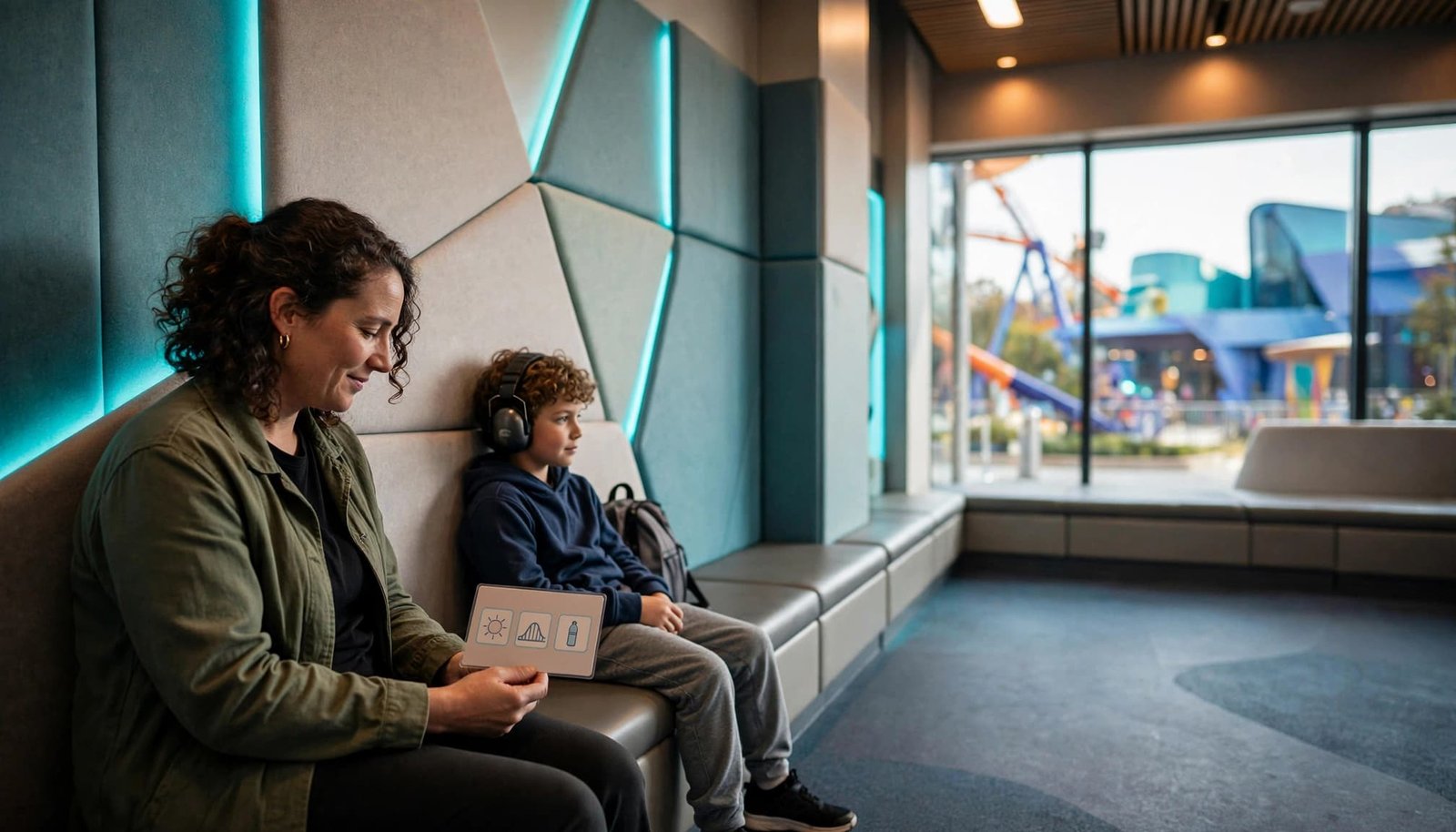 Epic Universe Autism Planning for Your First Family Visit A parent offers a visual schedule card while a child rests in a quiet sensory room.