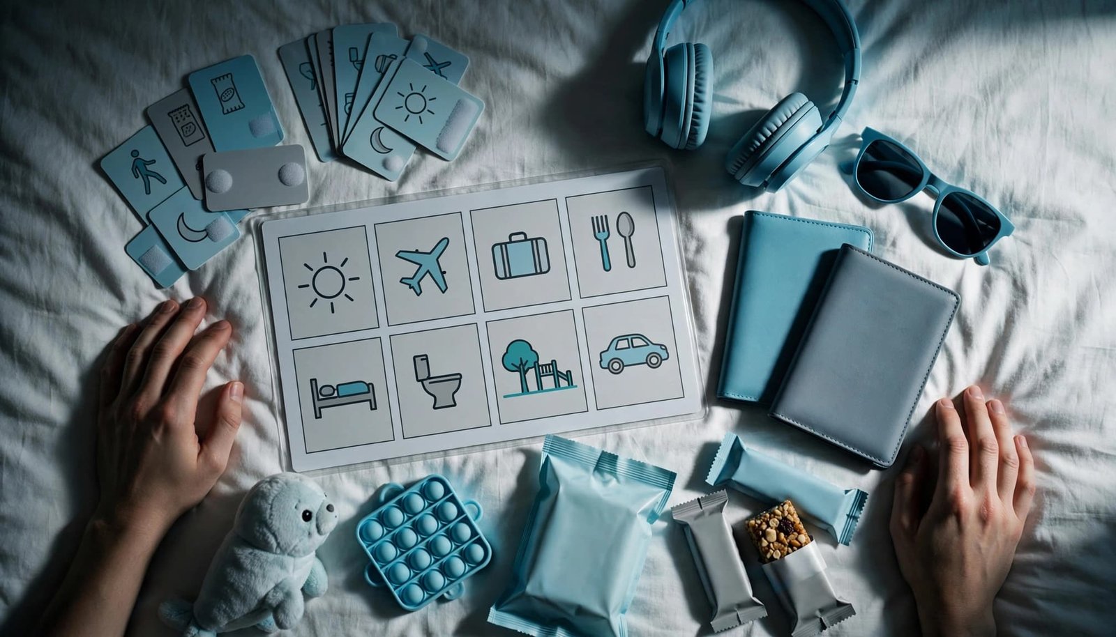 Build a Flexible Visual Schedule for Family Travel Travel kit with picture cards, headphones, snacks, and two hands beside it.