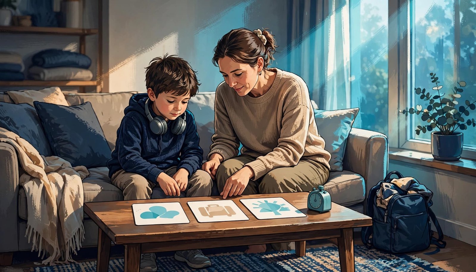 Disney Autism Ebook: Practice Transitions Before Your Trip A child and parent practice with picture cards and a timer at home.