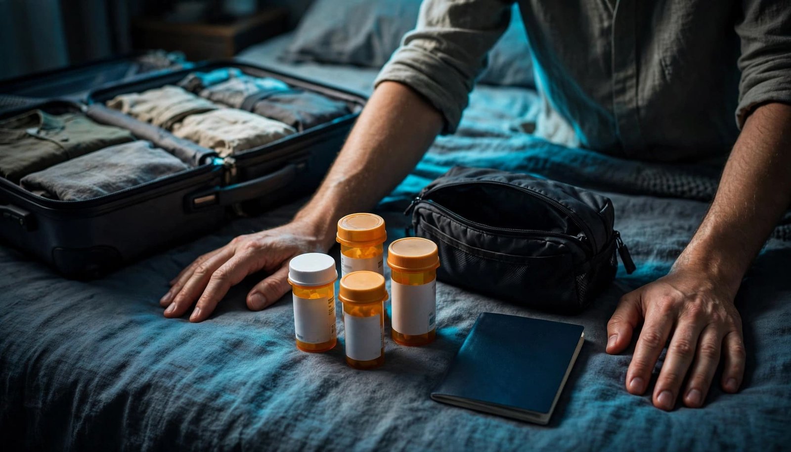 Travel With Prescription Medication Across Borders Traveler organizing medicine bottles, a medical pouch, and a passport beside an open suitcase.