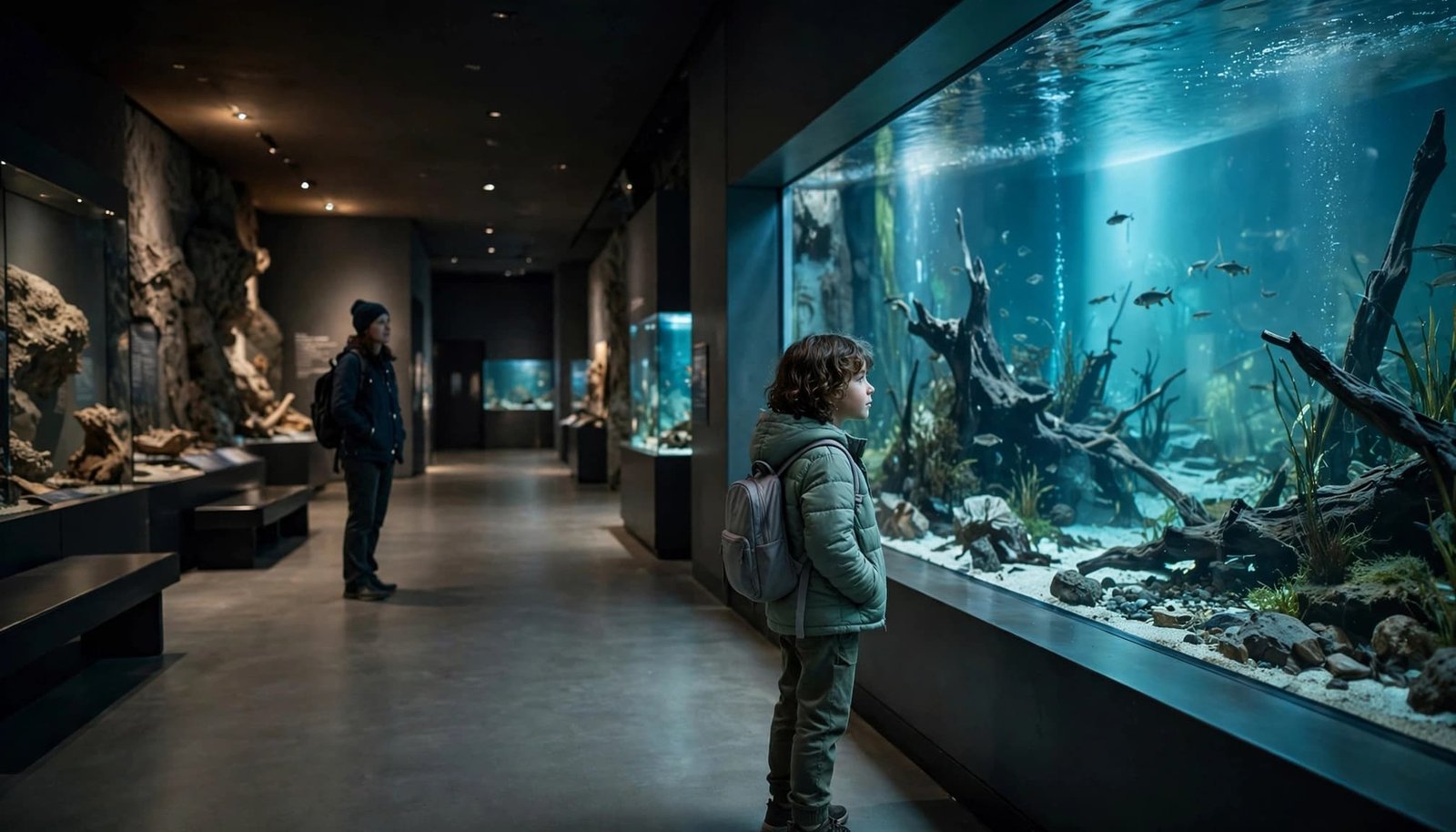 Autism-Friendly San Francisco Family Vacation Guide A child observes a large aquarium while a caregiver stands nearby in a quiet museum.