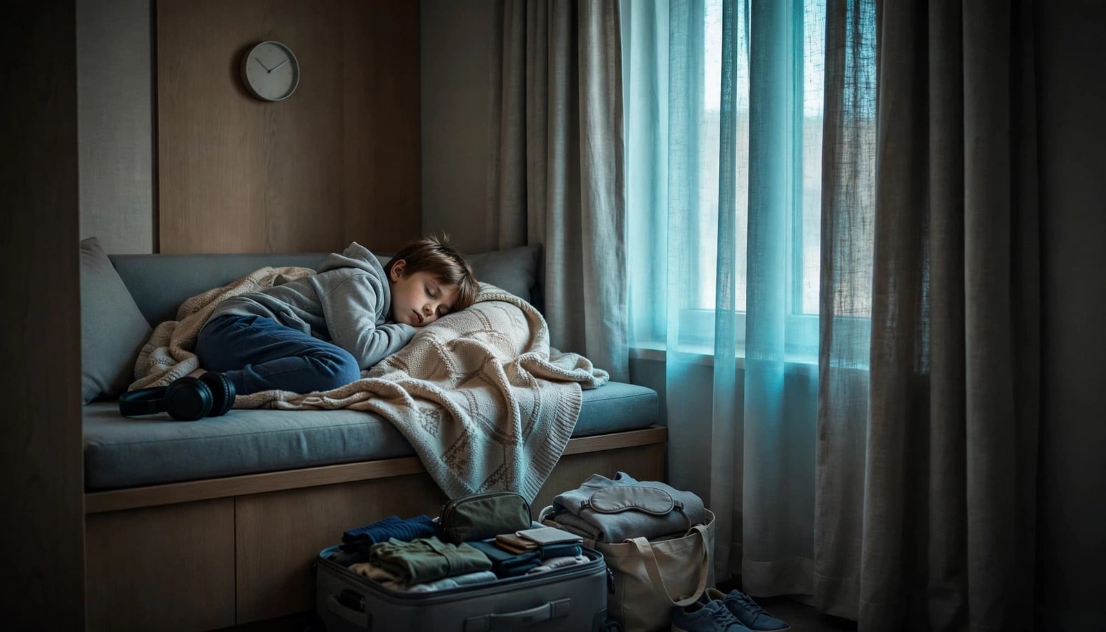 Autism-Friendly Jet Lag Planning for Family Vacations Child resting in a hotel window seat with a blanket and headphones nearby.