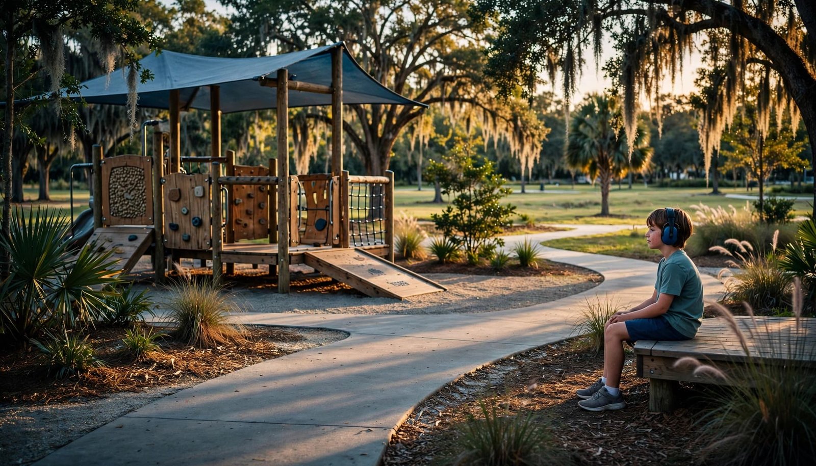 Autism-Friendly Orlando: A Family Guide Beyond the Theme Parks One child enjoys a quiet shaded playground surrounded by open space and greenery.