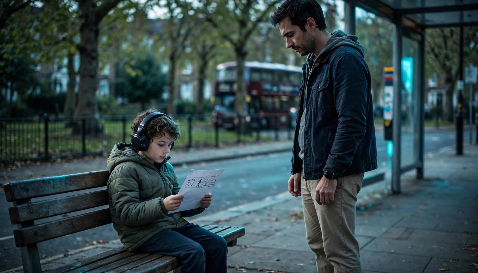 Parent and child wait at a quiet bus stop beside a park, with headphones and a paper schedule.