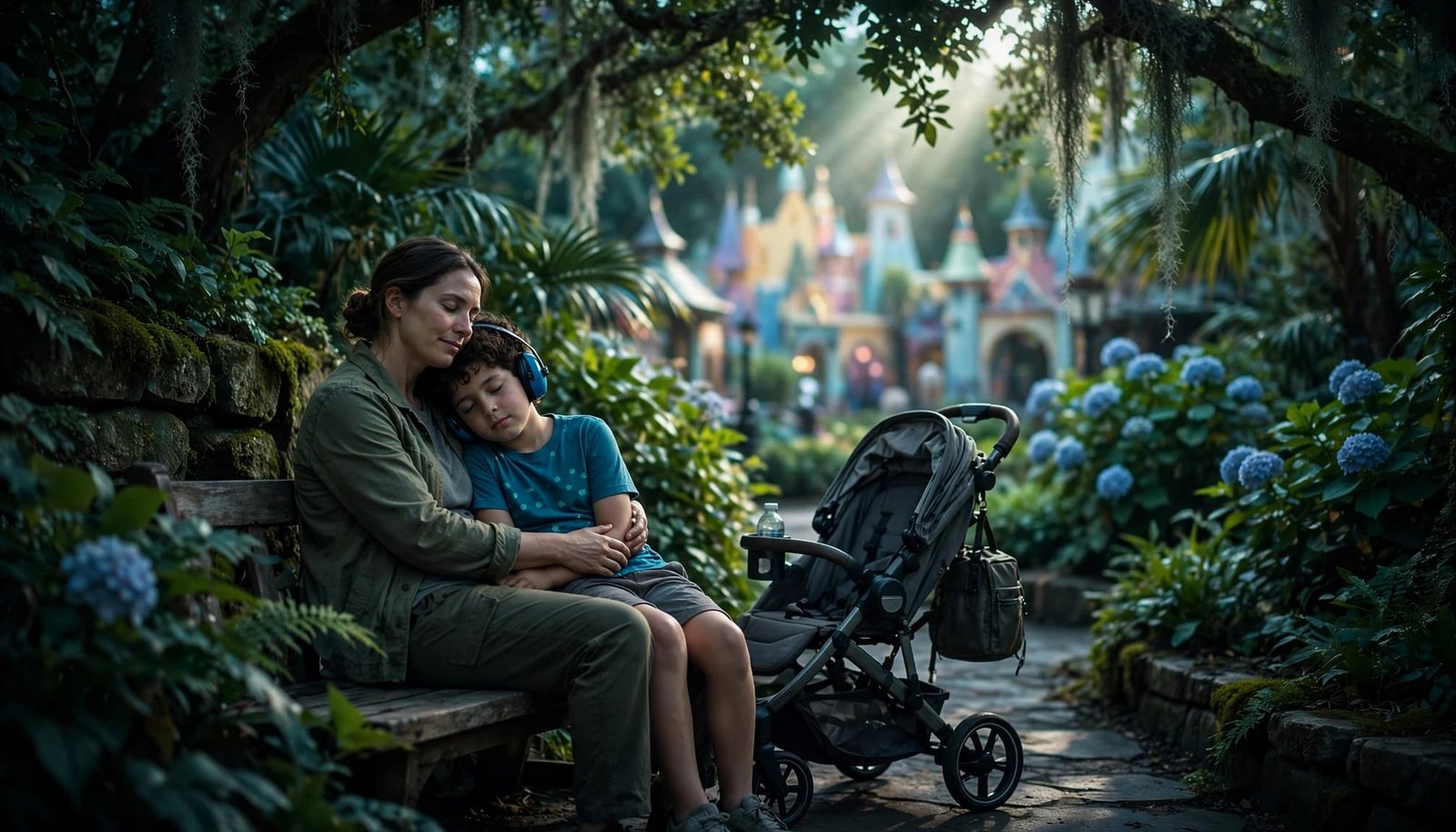 Disney With Autism Kids: Plan a Low-Walking Park Day A parent and child resting together in a shaded garden beside a compact stroller.