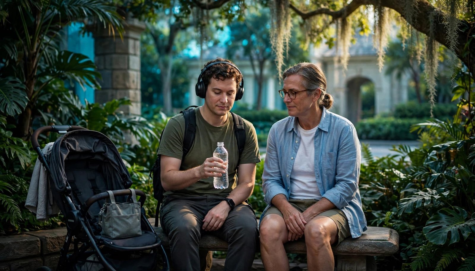 An adult traveler in headphones rests with a family member beside a stroller in a shaded park corner.