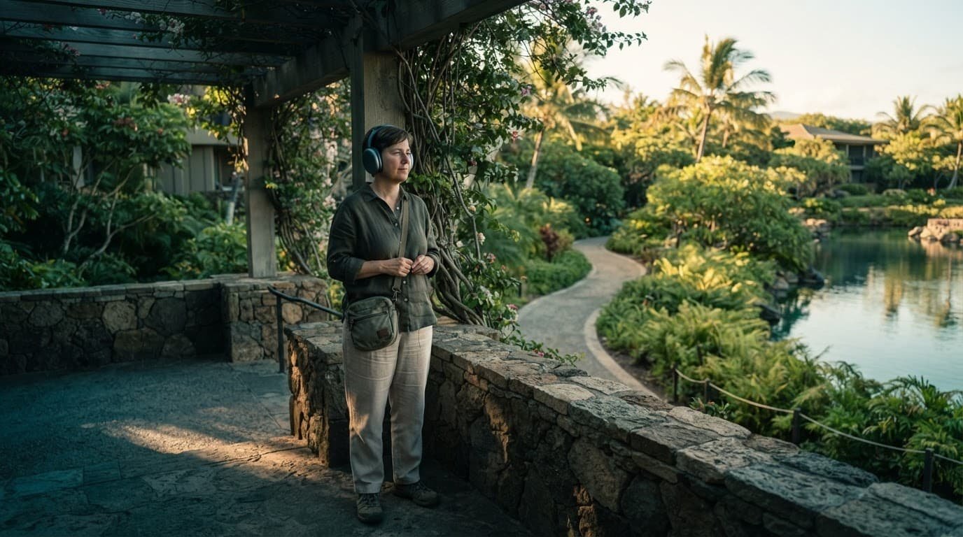 Autism-Friendly Vacation Planning for Autistic Adults A traveler with headphones stands at a shaded overlook beside calm water and greenery.