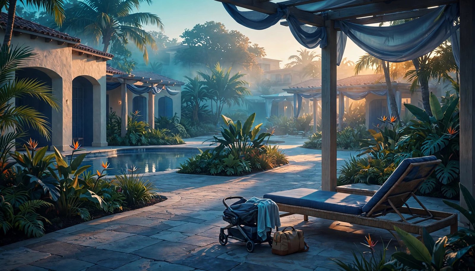 How to Choose Disney World Dates for Autism-Friendly Travel An empty shaded lounge chair beside a resort pool and folded stroller.
